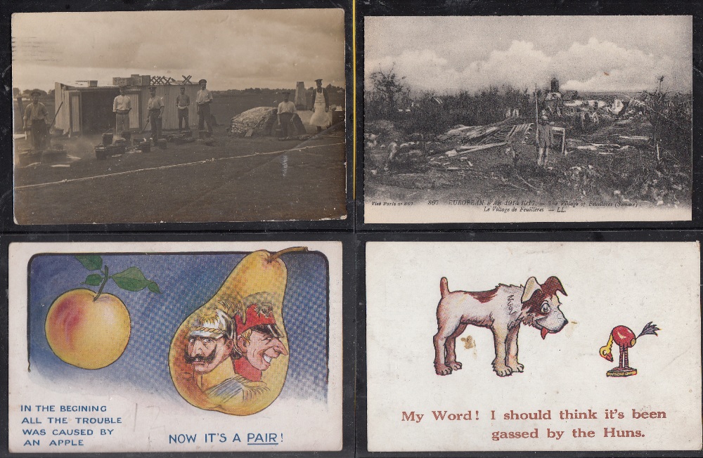 POSTCARDS Military, interesting selection in green album of WWI with comic cards,