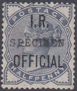 STAMPS GREAT BRITAIN 1884 1/2d Slate Blue IR Official SPECIMEN,