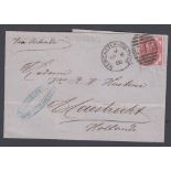 STAMPS GREAT BRITAIN 1867 3d Rose plate 4 on entire from Newcastle to Maastricht Holland SG 103