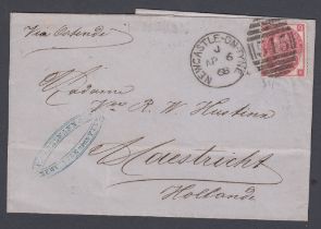 STAMPS GREAT BRITAIN 1867 3d Rose plate 4 on entire from Newcastle to Maastricht Holland SG 103