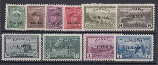 STAMPS CANADA Officials, 1949 George VI complete set of 10, overprinted 'O.H.M.S.