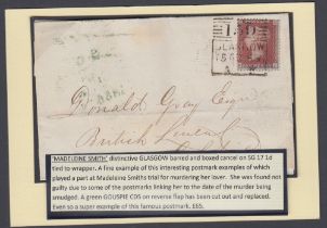 STAMPS GREAT BRITAIN 1856 1d Star tied to wrapper by "Madeleine Smith" style handstamp.
