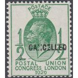 STAMPS GREAT BRITAIN 1929 1/2d Green, unmounted mint, overprinted CANCELLED type 33,