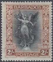 STAMPS BARBADOS 1920 Victory, 2/- blue & brown lightly M/M, SG 210.