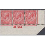 STAMPS GREAT BRITAIN 1924 1d Scarlet unmounted mint B24 control strip of three,