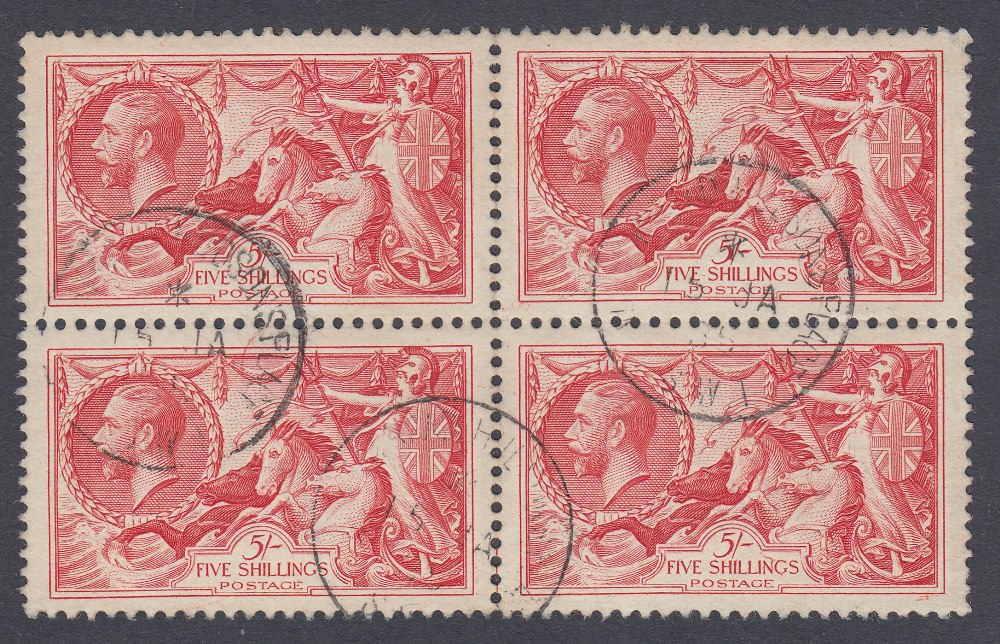 STAMPS GREAT BRITAIN 1934 5/- fine used block of four with 1995 RPS Certificate (noted as folded