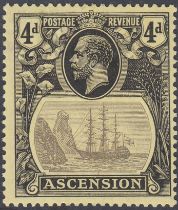 STAMPS ASCENSION 1924 GV Badge, 4d grey-black & black/yellow, with 'Broken Mainmast' variety,