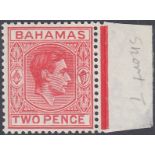 STAMPS BAHAMAS 1938 GVI 1/2d myrtle-green in U/M marginal block of four,