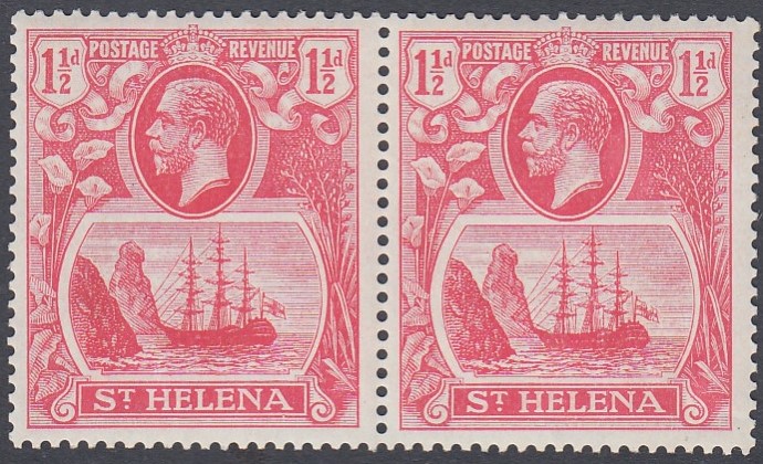 STAMPS ST HELENA 1922 Badge, 1 1/2d rose-red in a very lightly M/M pair,