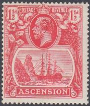 STAMPS ASCENSION 1924 GV Badge, 1 1/2d rose-red with 'Torn Flag' variety, lightly M/M, SG 12b.