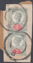 STAMPS GREAT BRITAIN 1887 2d Green and Scarlet used pair on piece SG 199 (scarce) Cat £520