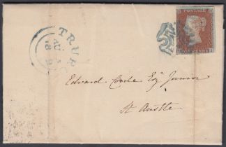 STAMPS GREAT BRITAIN 1842 four margin Penny red tied to mourning entire by Truro Maltese Cross in