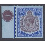 STAMPS MALTA 1914 GV 2/- purple & bright blue/blue, lightly M/M marginal Plate '1', SG 86.