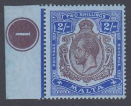 STAMPS MALTA 1914 GV 2/- purple & bright blue/blue, lightly M/M marginal Plate '1', SG 86.