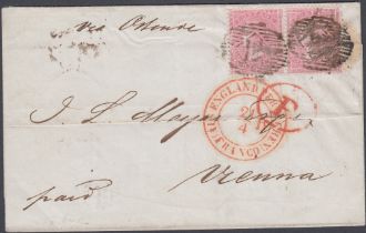 STAMPS GREAT BRITAIN 1855 4d Pale Carmine pair on wrapper, SG 64, London to Vienna,