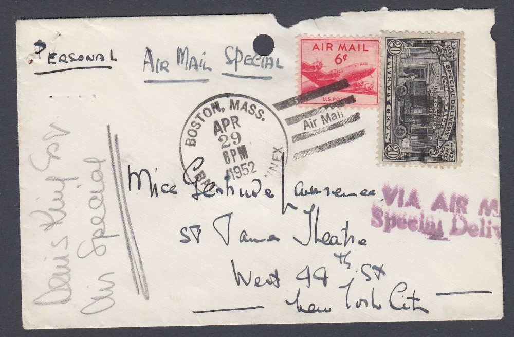 POSTAL HISTORY AIRMAIL 1952 Air Mail special delivery envelope from Boston to New York,