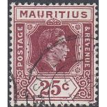STAMPS MAURITIUS 1938 GVI 25c brown-purple, fine used with the 'IJ' for 'U' variety, SG 259ba.