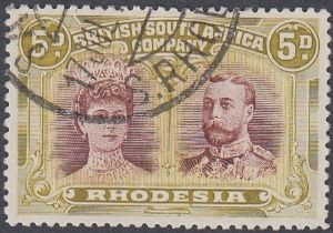 STAMPS RHODESIA 1910 5d purple brown & olive-yellow, perf 14, fine used, SG 141a.