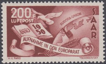 STAMPS SAAR 1950 Admission to the Council of Europe 200f Brown-Lake Air stamp,