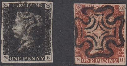STAMPS GREAT BRITAIN PENNY BLACK Plate 8 lettered (NH) four margin Penny Black and Penny Red with