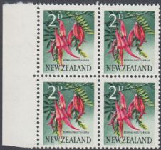 STAMPS NEW ZEALAND 1969 2d Flower in U/M marginal block of 4, one with 'NEW ZFALAND' variety,