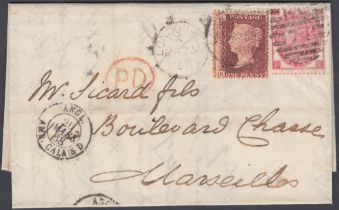 STAMPS GREAT BRITAIN 1858 1d Red and 1867 3d Rose plate 4 on wrapper.