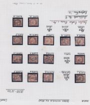 STAMPS GREAT BRITAIN 1870 1/2d rose-red Bantam, set of 15 plate numbers used on album page,