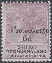 STAMOS BECHUANALAND 1888 QV 6d on 6d lilac & black surcharge opt, fresh & lightly M/M, SG 45.