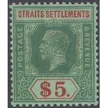 STAMPS STRAITS SETTLEMENTS, 1921 GV $5 green & red/green, wmk Script, fine M/M, SG 240a.