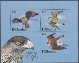 STAMPS GIBRALTAR 2000 Birds of Prey, miniature sheet with all three 42p values,