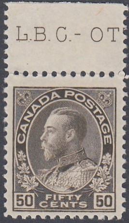 STAMPS CANADA 1911 GV 50c sepia, upper marginal, fine U/M stamp, SG 215.