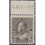 STAMPS CANADA 1911 GV 50c sepia, upper marginal, fine U/M stamp, SG 215.
