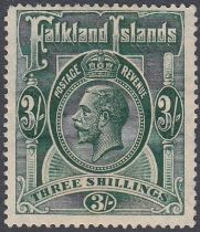 STAMPS FALKLANDS 1921 GV 3/- slate-green, wmk Script, very lightly M/M, SG 80.