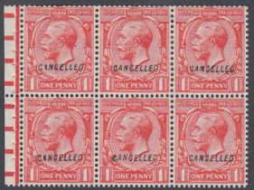 STAMPS GREAT BRITAIN 1924 1d red unmounted mint booklet pane of six overprinted Cancelled (type 28)