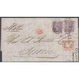 STAMPS GREAT BRITAIN 1868 6d plate 6 two singles on entire from London to Turin,
