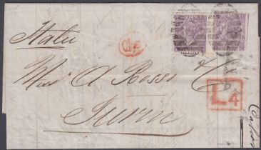 STAMPS GREAT BRITAIN 1868 6d plate 6 two singles on entire from London to Turin,