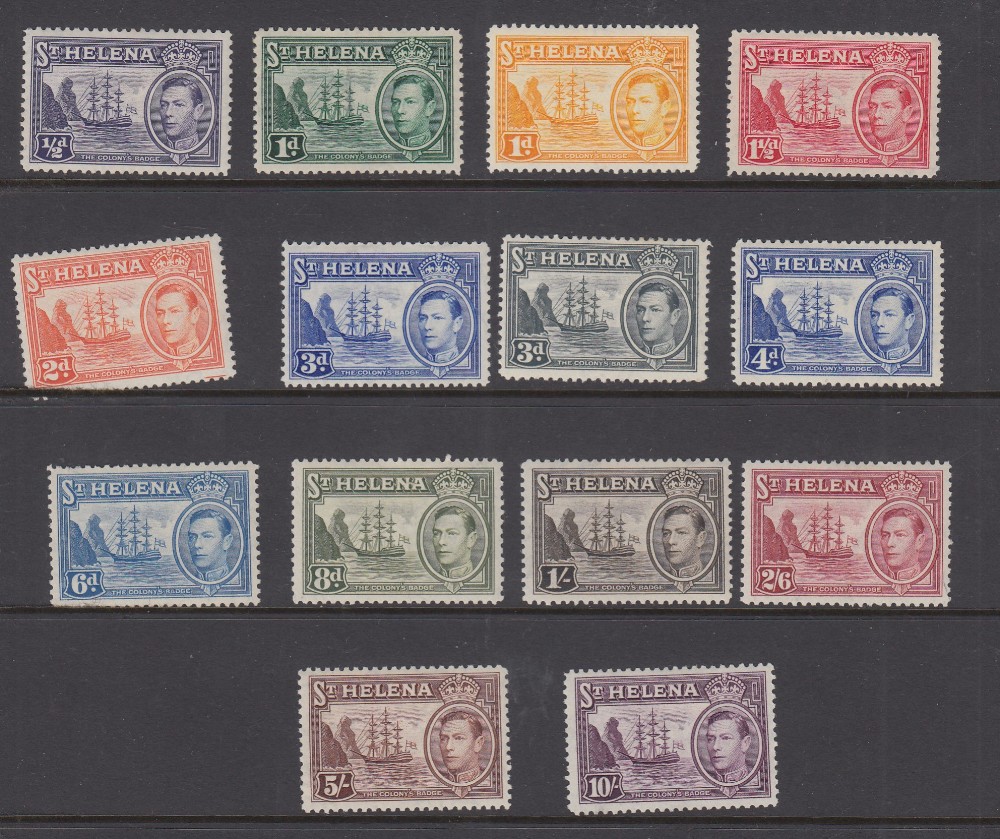 STAMPS ST HELENA 1938-44 George VI complete set of 14 values to 10/-, fine M/M, SG 131-40.