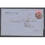 STAMPS GREAT BRITAIN 1859 Wrapper from London to France with 4d Rose Carmine (large garter) SG 66