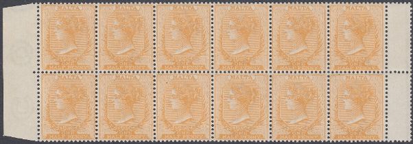STAMPS MALTA 1882 QV 1/2d orange-yellow, wmk Crown CA, a fine U/M marginal block of 12, SG 18.
