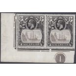 STAMPS ASCENSION 1924 GV Badge, 1/2d grey-black & black in corner marginal Plate 1 pair,