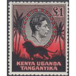 STAMPS KENYA 1938 GVI £1 black & red, perf 11.75 x 13, fine M/M, SG 150. Cat £550.