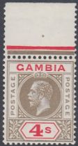 STAMPS GAMBIA 1921 GV 4/- black & red, wmk inverted Script, U/M upper marginal, SG 117w.