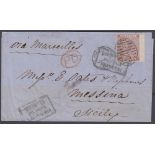 STAMPS GREAT BRITAIN 1862 6d Lilac with hairlines used on part entire London to Sicily,