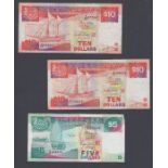 Singapore bank notes, three used notes 2x $10 and
