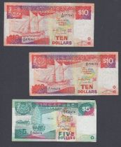 Singapore bank notes, three used notes 2x $10 and