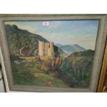 19th century French ruined castle on a hill with sheep and shepherd, oil on board, attributed