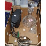 A cut decanter and scent bottle; 2 bronzed otters; a naval red ensign flag; a pair of binoculars