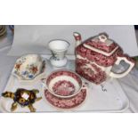 A Mason's Ironstone square teapot with wide cup and saucer; another Mason's dish, a Coalport vase, a