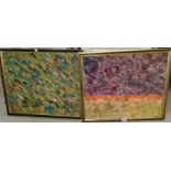 20th century 2 abstract oils decorated in high relief, oils on board, framed