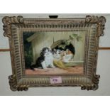 G Williams: oil on board, 3 kittens in small wooden hut, in the manner of Julius Adams, signed, gilt